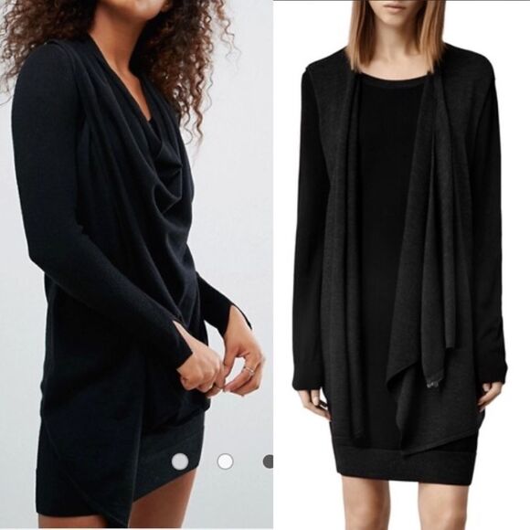 AllSAINTS Drina Draped Long Sleeve Mini Dress Charcoal Black 2 - Picture 5 of 13